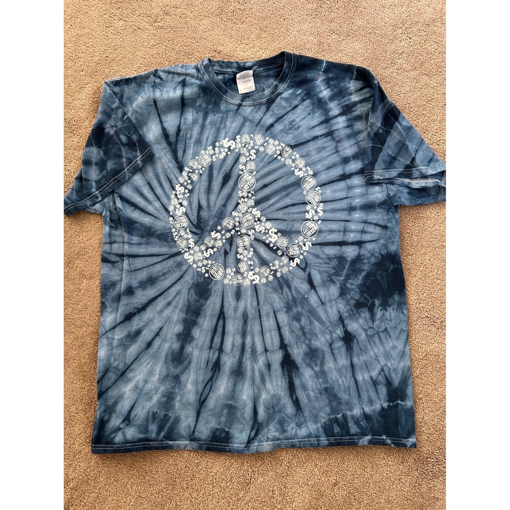 Vintage Gildan New York Lottery Peace Sign Tie Dye T-Shirt Blue XL Graphic Tee
